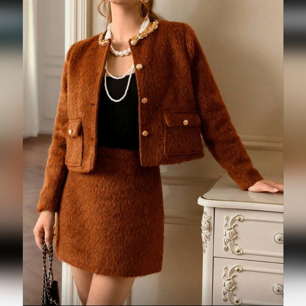 2pcs Women's Set: Wool Blend Knit Top With Sequin Trim Paired With A-Line Skirt